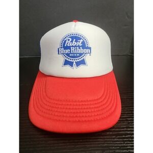 Pabst Blue Ribbon Beer Foam Trucker Hat White Red Blue Mesh Adjustable Retro